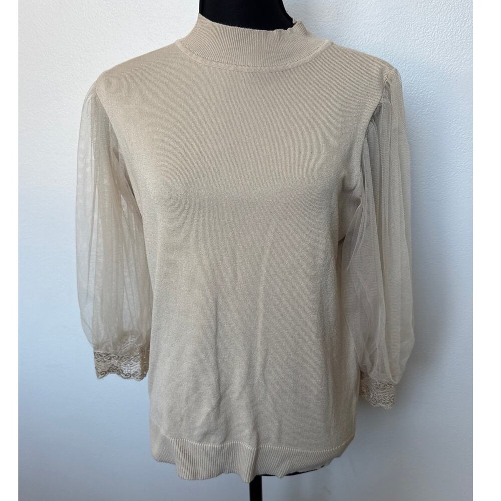 A Love Story Sheer Puff Sleeve Pullover Sweater Feminine Romantic Beige L